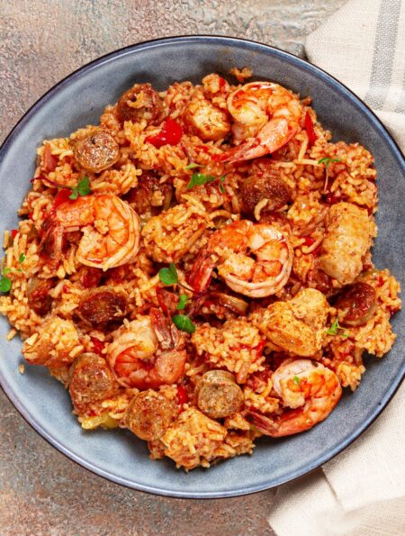 Overhead image of Paella on a plate