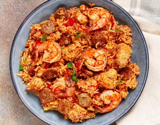 Overhead image of Paella on a plate