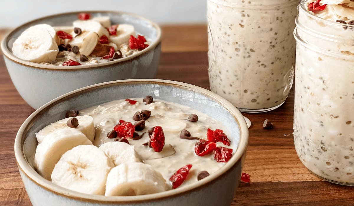protein overnight oats in bowls and mason jars