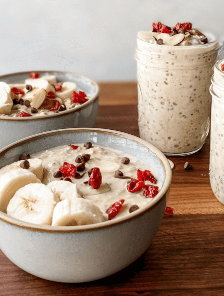 protein overnight oats in bowls and mason jars