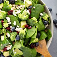 Close up image of blueberry salad with spinach