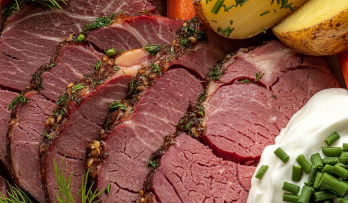 overhead image of sliced and seasoned corned beef on a plate with potatoes, carrots, and sauce