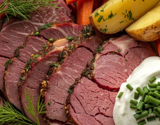 overhead image of sliced and seasoned corned beef on a plate with potatoes, carrots, and sauce
