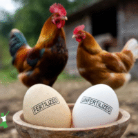 fertilized and unfertilized chicken eggs in bowl with hen and rooster