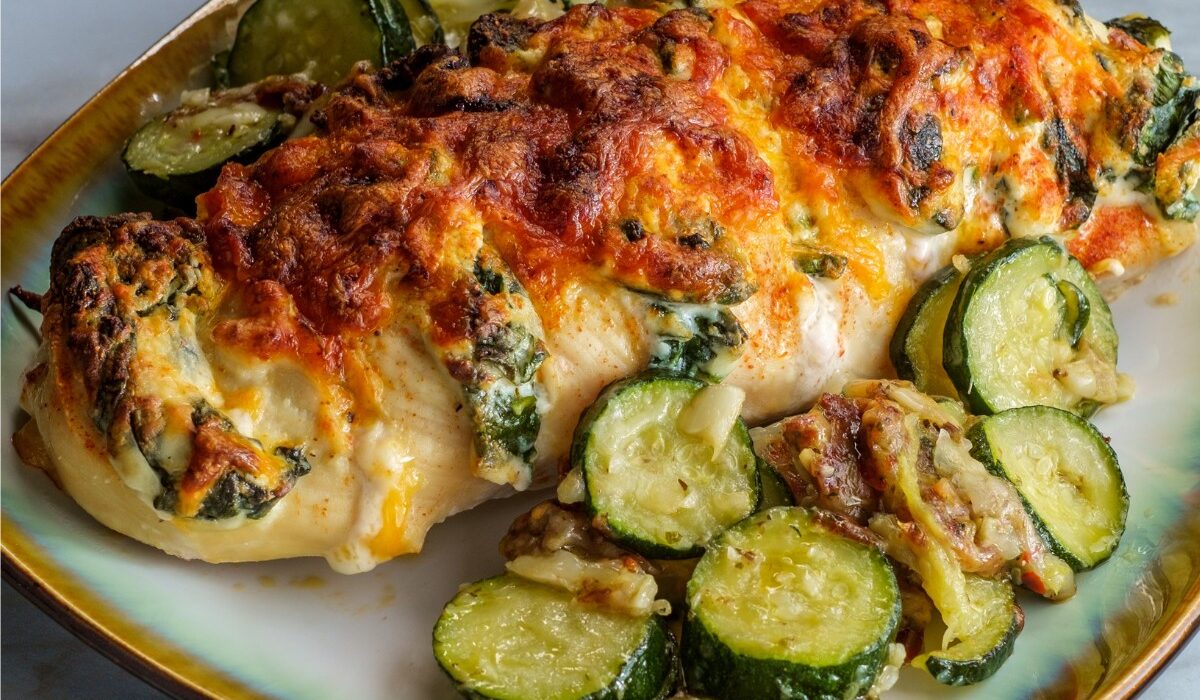 Close up image of hasselback chicken on a plate