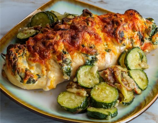 Close up image of hasselback chicken on a plate