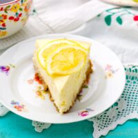 Close up image of lemon cheesecake on a decorative plate