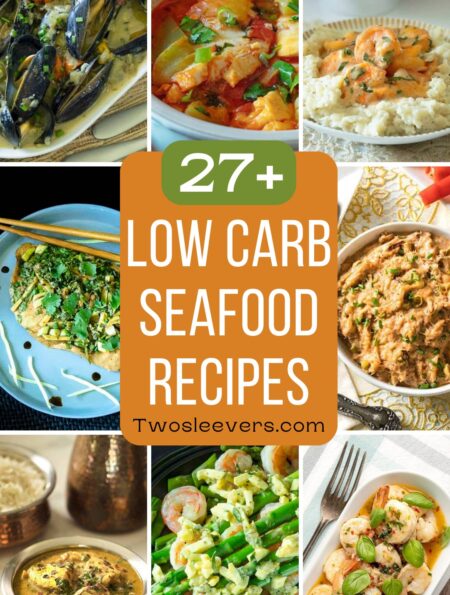 9 part grid of low carb seafood recipes with text overlay