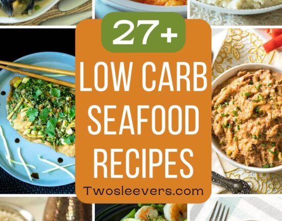 9 part grid of low carb seafood recipes with text overlay