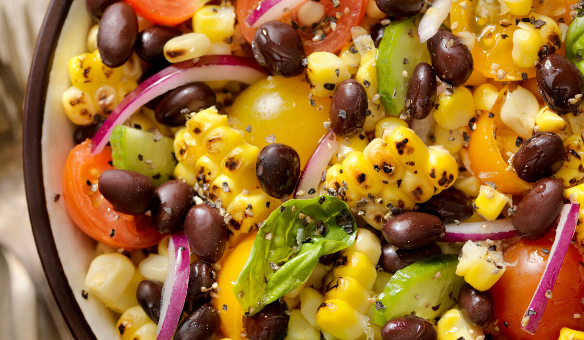 Overhead image of a black bean and corn salad