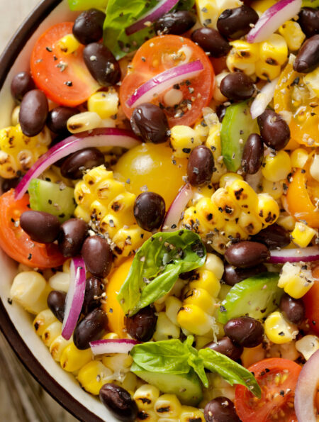Overhead image of a black bean and corn salad