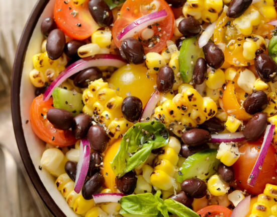 Overhead image of a black bean and corn salad