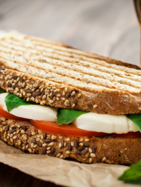 Close up image of a Caprese Sandwich