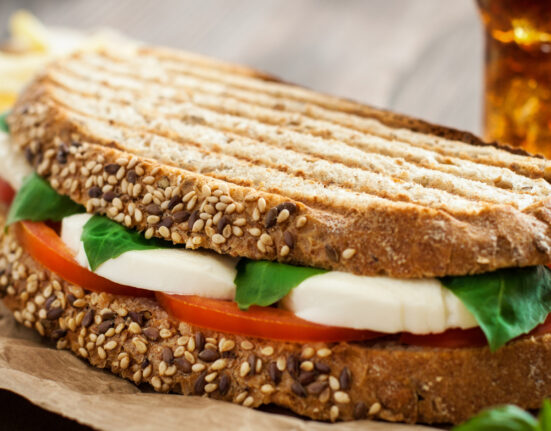 Close up image of a Caprese Sandwich