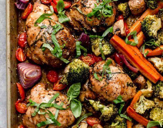 Overhead view sheet pan filled with balsamic marinated chicken and veggies
