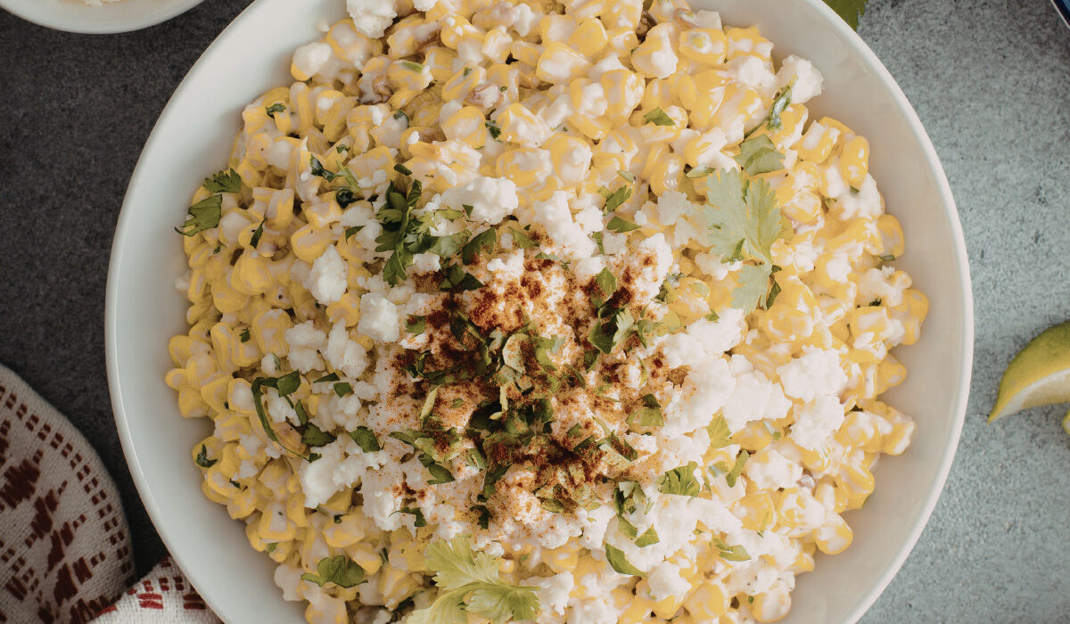 Overhead image of Mexican Street Corn Salad in a white bowl