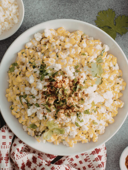 Overhead image of Mexican Street Corn Salad in a white bowl