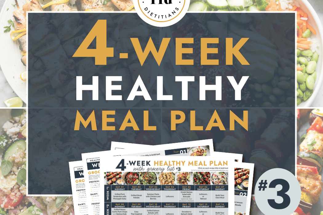 Text overlay for a 4-week meal plan surrounded by summer themed recipes.