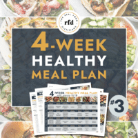 Text overlay for a 4-week meal plan surrounded by summer themed recipes.