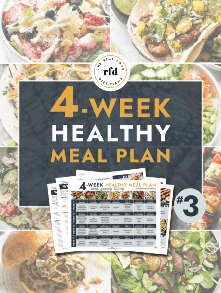 Text overlay for a 4-week meal plan surrounded by summer themed recipes.