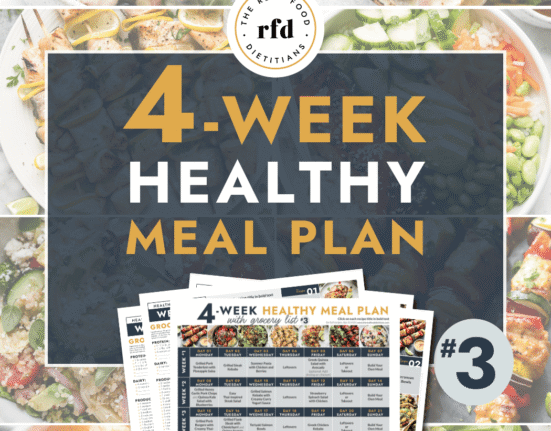Text overlay for a 4-week meal plan surrounded by summer themed recipes.