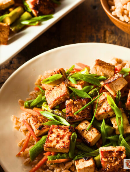 Tofu stir fry on a plate over rice with a serving dish of it next to the plate