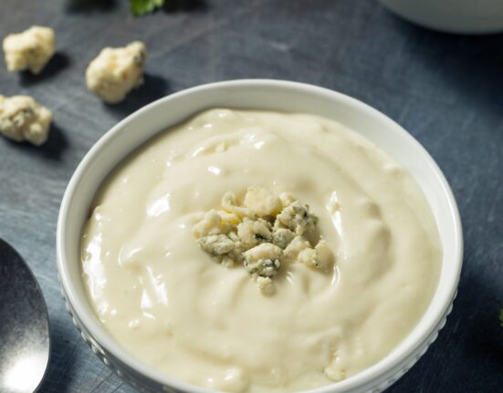 Close up image of blue cheese dressing in a bowl