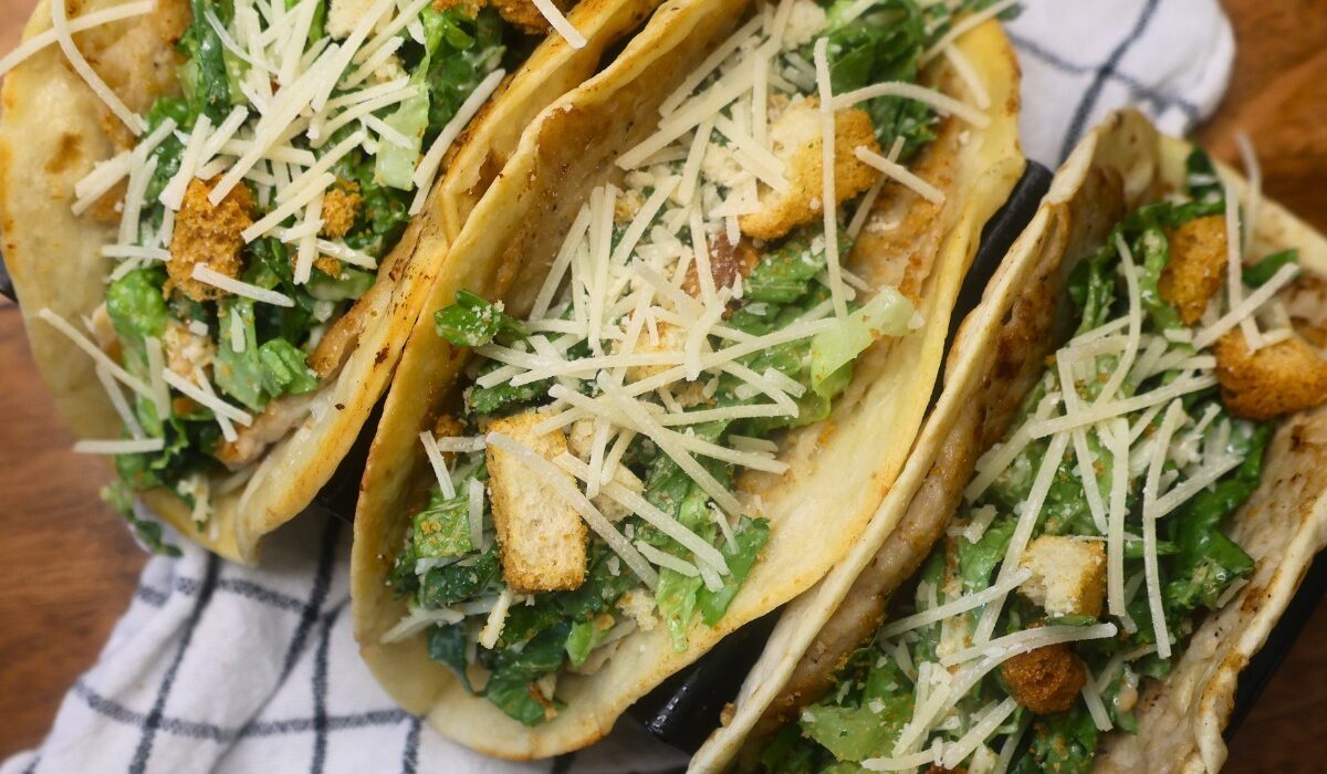 Three chicken caesar smash tacos