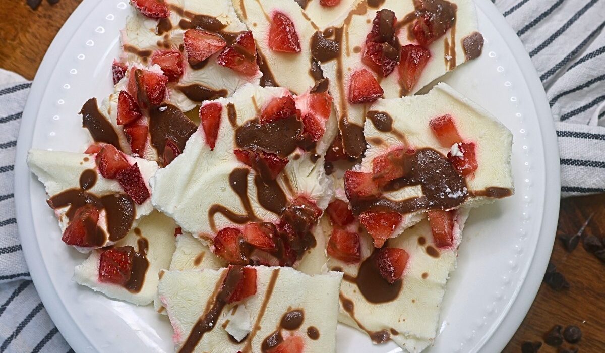 Overhead image of Chocolate Strawberry Yogurt Bark broken into pieces in a white bowl