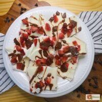 Overhead image of Chocolate Strawberry Yogurt Bark broken into pieces in a white bowl