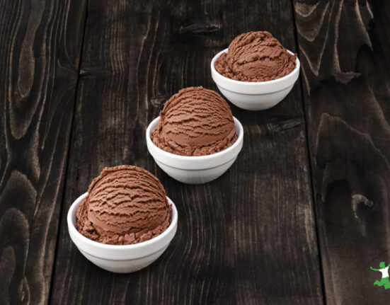 dairy free chocolate ice cream scoops in white bowls