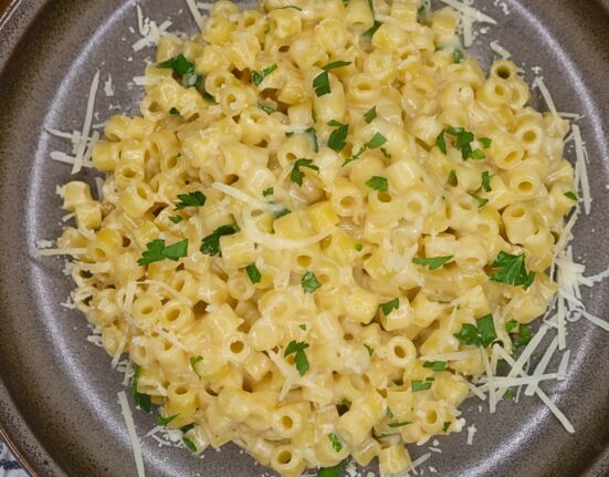 Overhead image of Viral Ditalini pasta on a plate with parmesan cheese and parsley