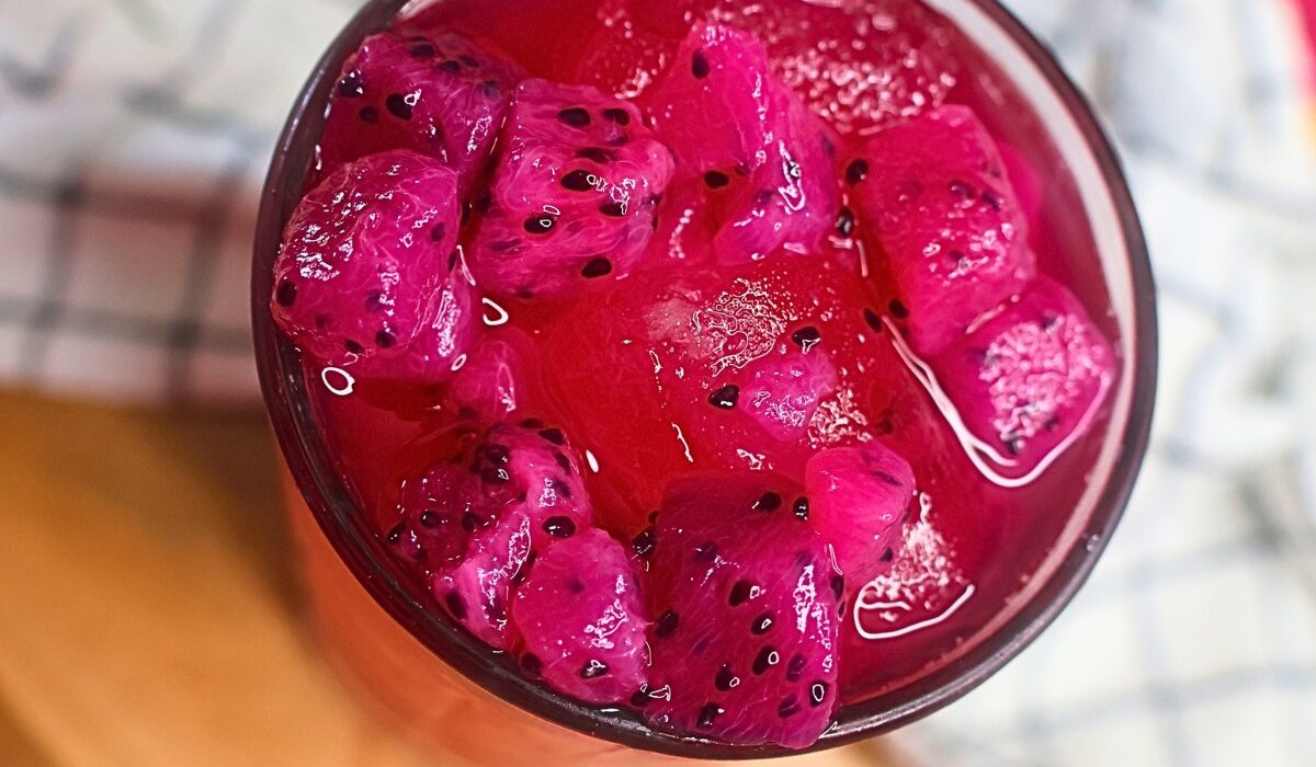 Overhead image of a Mango Dragonfruit refresher in a glass