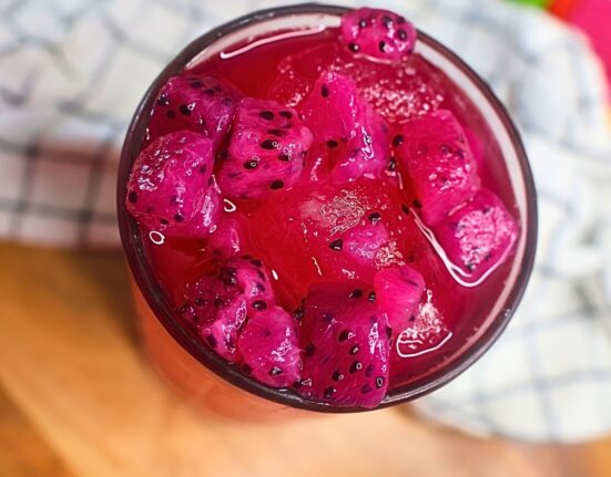 Overhead image of a Mango Dragonfruit refresher in a glass