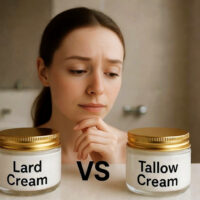 woman deciding between tallow or lard skin cream