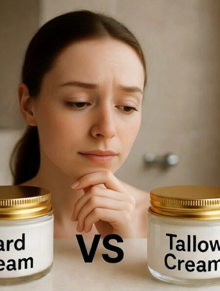 woman deciding between tallow or lard skin cream