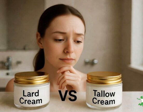 woman deciding between tallow or lard skin cream
