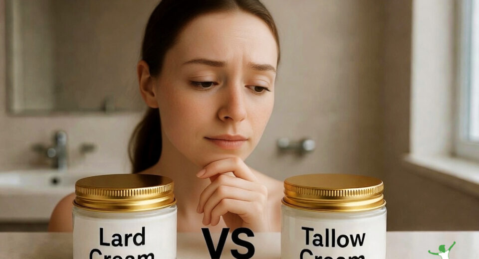 woman deciding between tallow or lard skin cream
