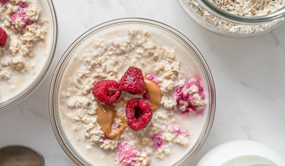 Protein overnight oats with peanut butter and raspberries