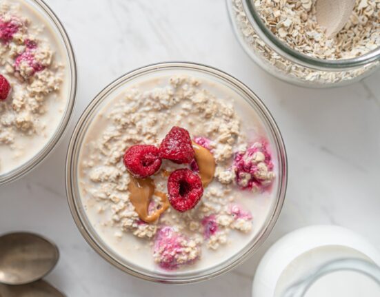 Protein overnight oats with peanut butter and raspberries