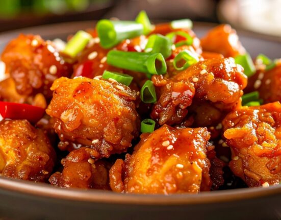 Close up image of One Pan Sweet Chili Chicken in a bowl